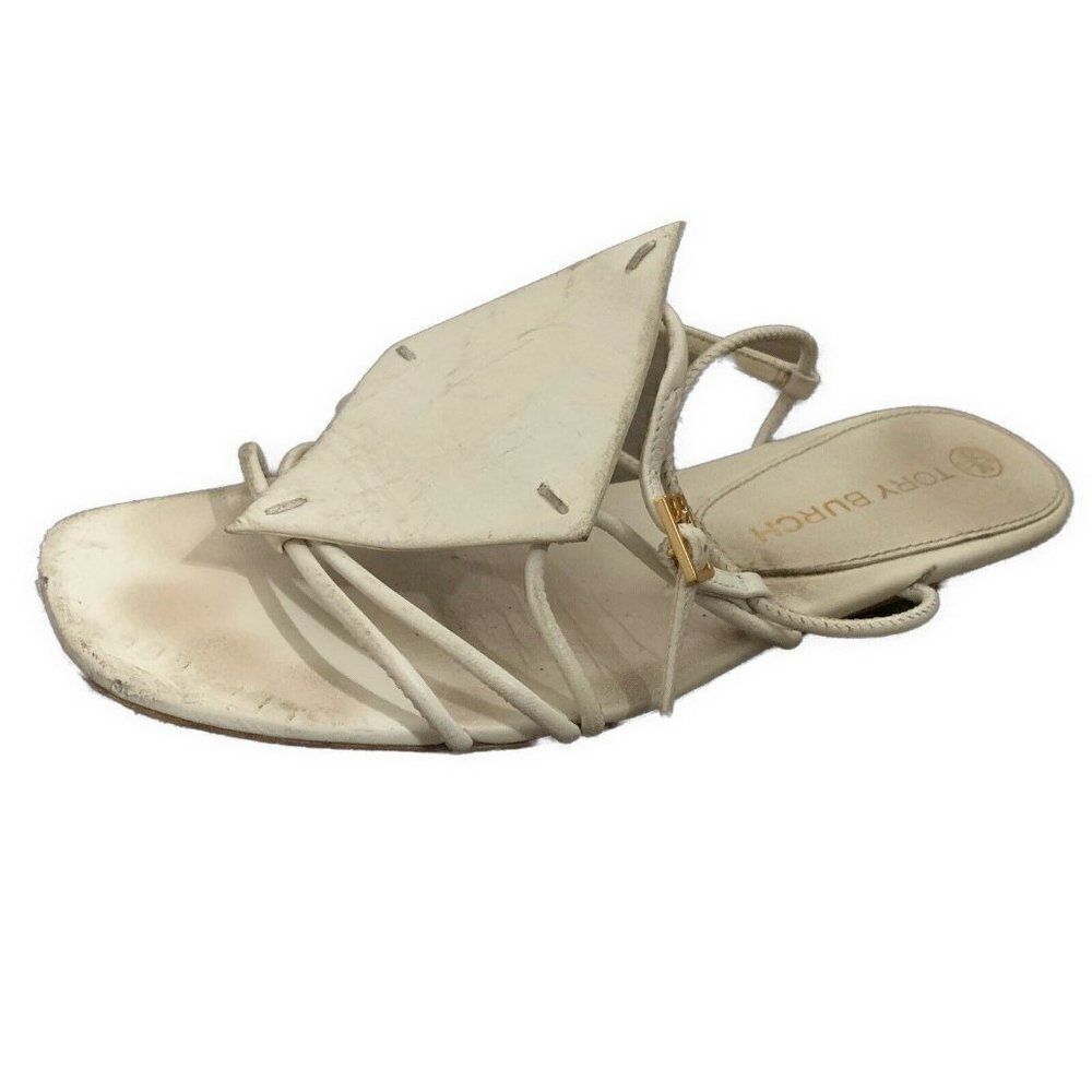 Tory Burch Authentic Solid Bone White Genuine Leather Ankle Strap Flat Sandals 7